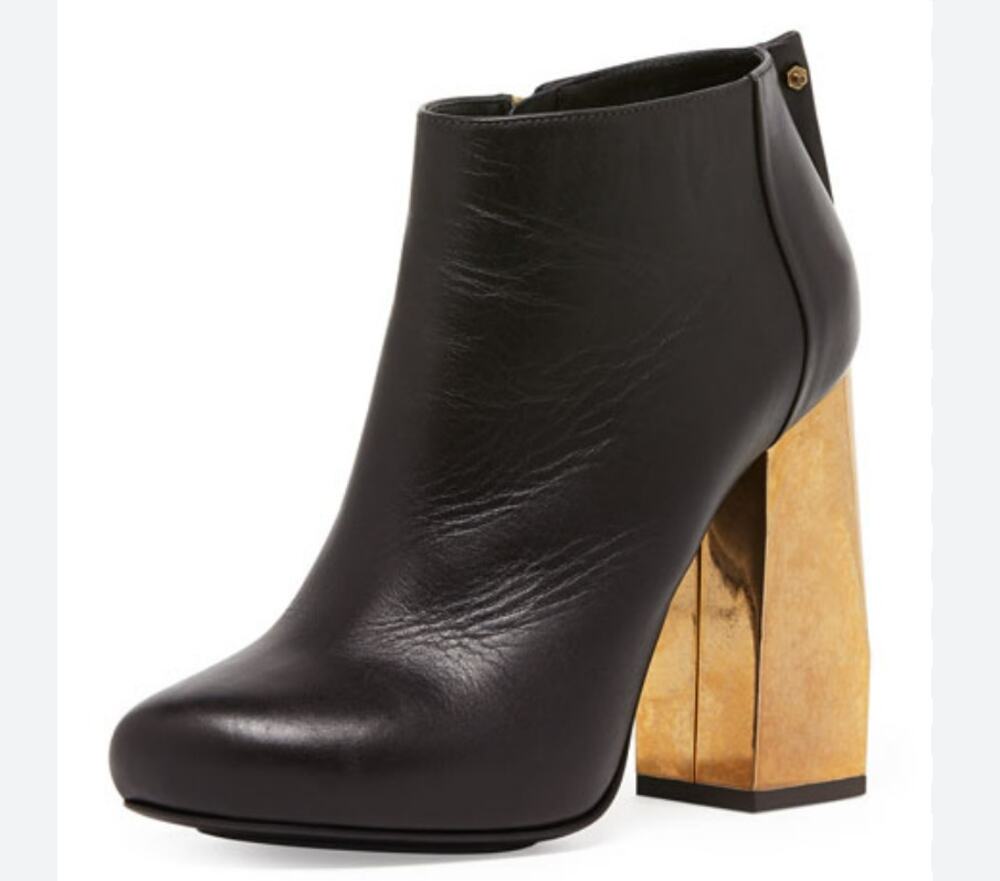 Lanvin Metallic-Heel Leather Ankle Boot Brown Gold Block Heels Women's Size 40 9
